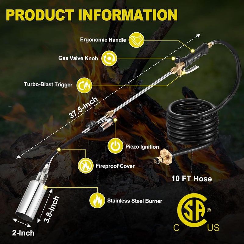 WorkBless Propane Torch Weed Burner, Weed Torch with 10FT Hose, High Output 1,800,000 BTU Flame Thrower Kit with Flame Control & Adapter, Propane Torch for Weeds Burning, Snow Melting,WB0101 - Image 3